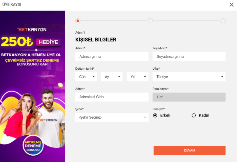 Türkiye'deki Betkanyon web sitesine kayıt olun